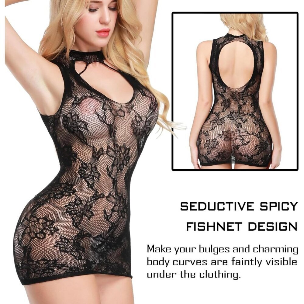 WOMEN'S Black Sexy Naughty Fishnet Teddy Bodysuit Lingerie Set Babydoll Outfits - Picture 6 of 7